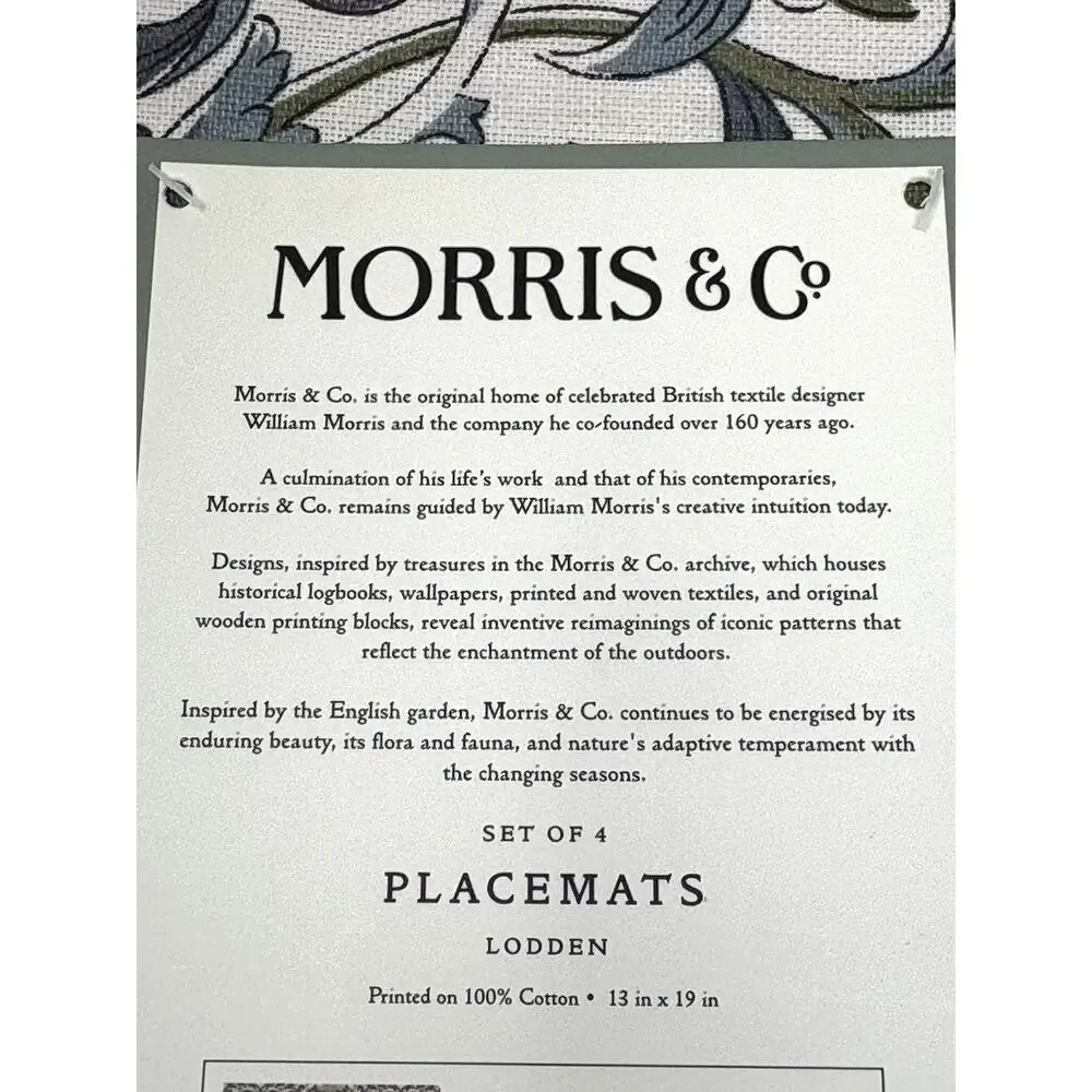 William Morris & Co Placemats Lodden 100% Cotton Fabric 13x19 Set 4 Green Blue
